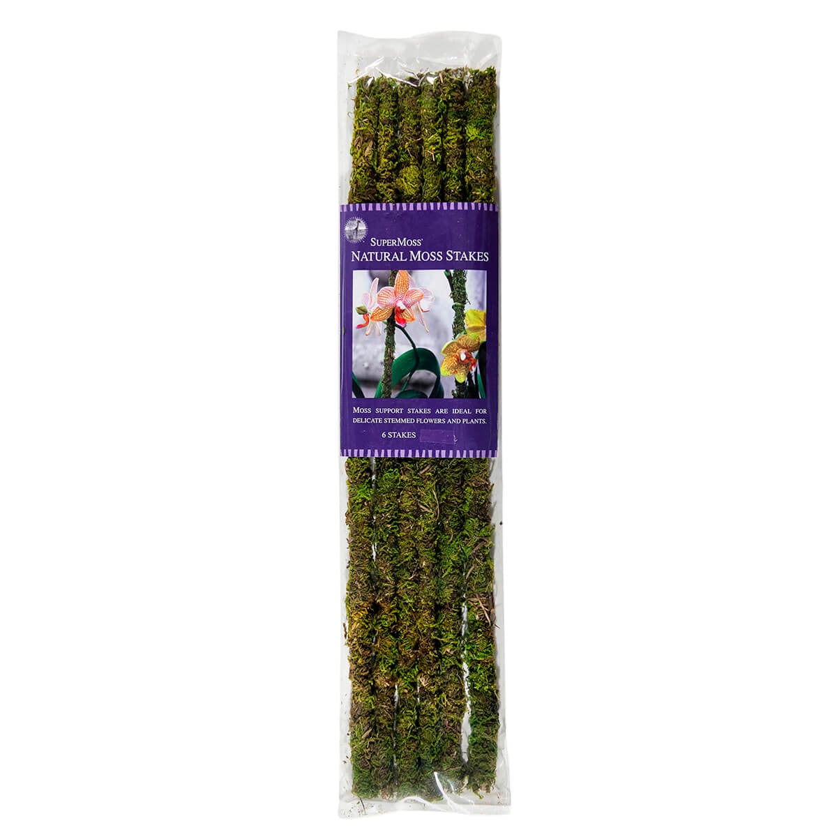 A package of six natural moss stakes by SuperMoss, shown in a clear plastic bag with a purple label. 