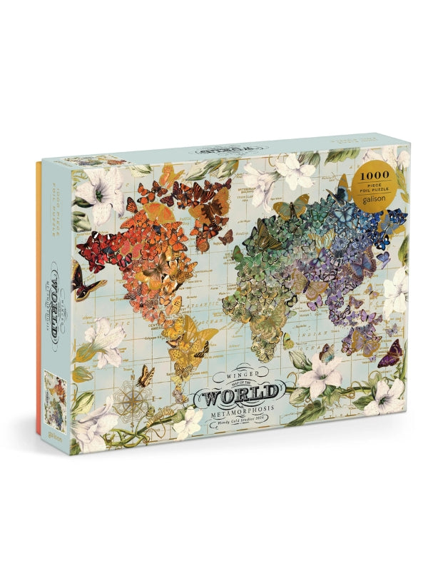 Front of box of 1000 piece puzzle. Image of a world map made out of blooming flowers and butterflies. 