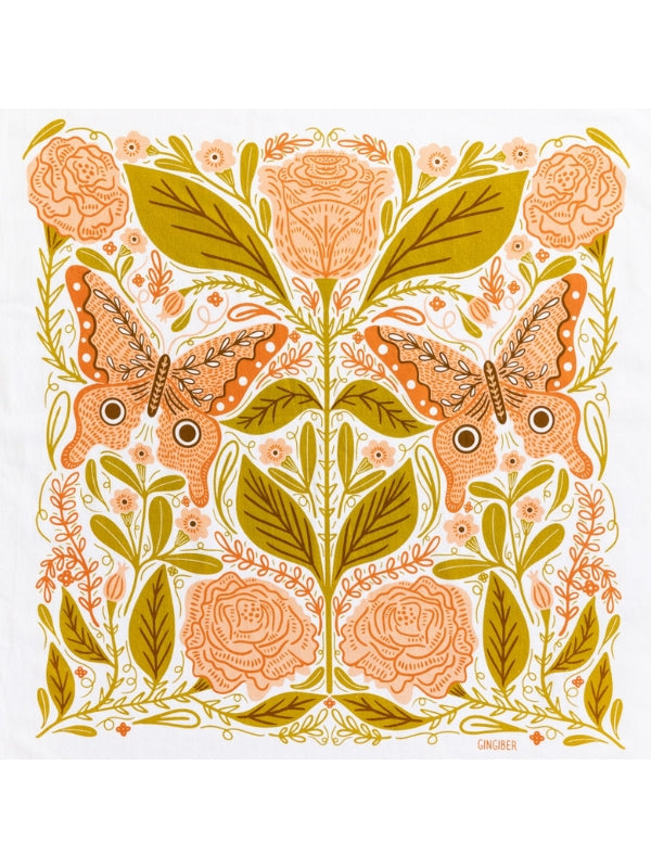 Tea towel with orange butterflies and floral pattern with green accents