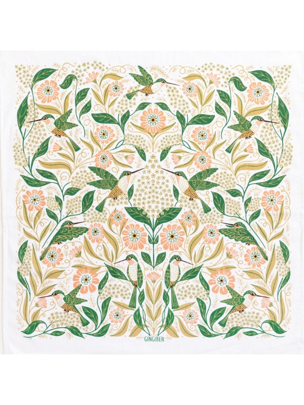 Tea towel with green hummingbirds poking at pink and white flowers design