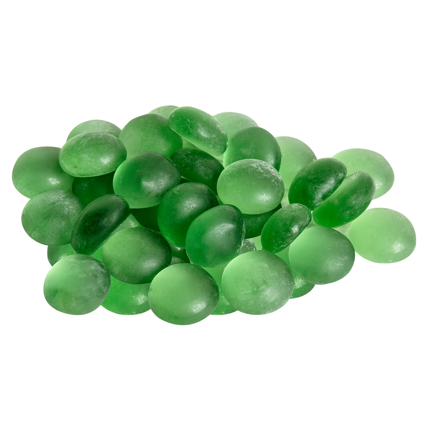 A pile of smooth, polished green pebble-shaped glass stones on a plain white background.