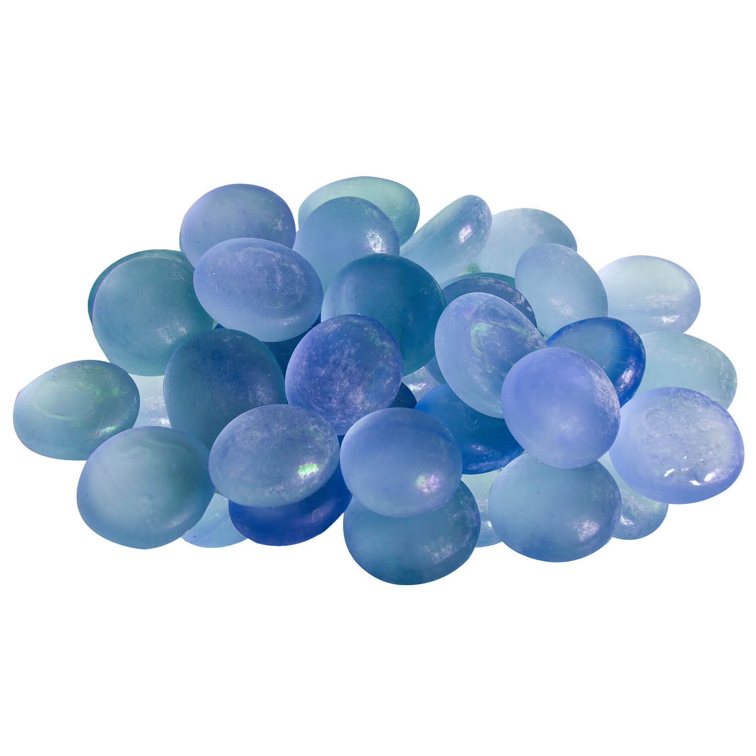 A pile of smooth, polished pebble-shaped decorative stones in shades of light blue, medium blue, and translucent aqua, arranged on a solid white background.