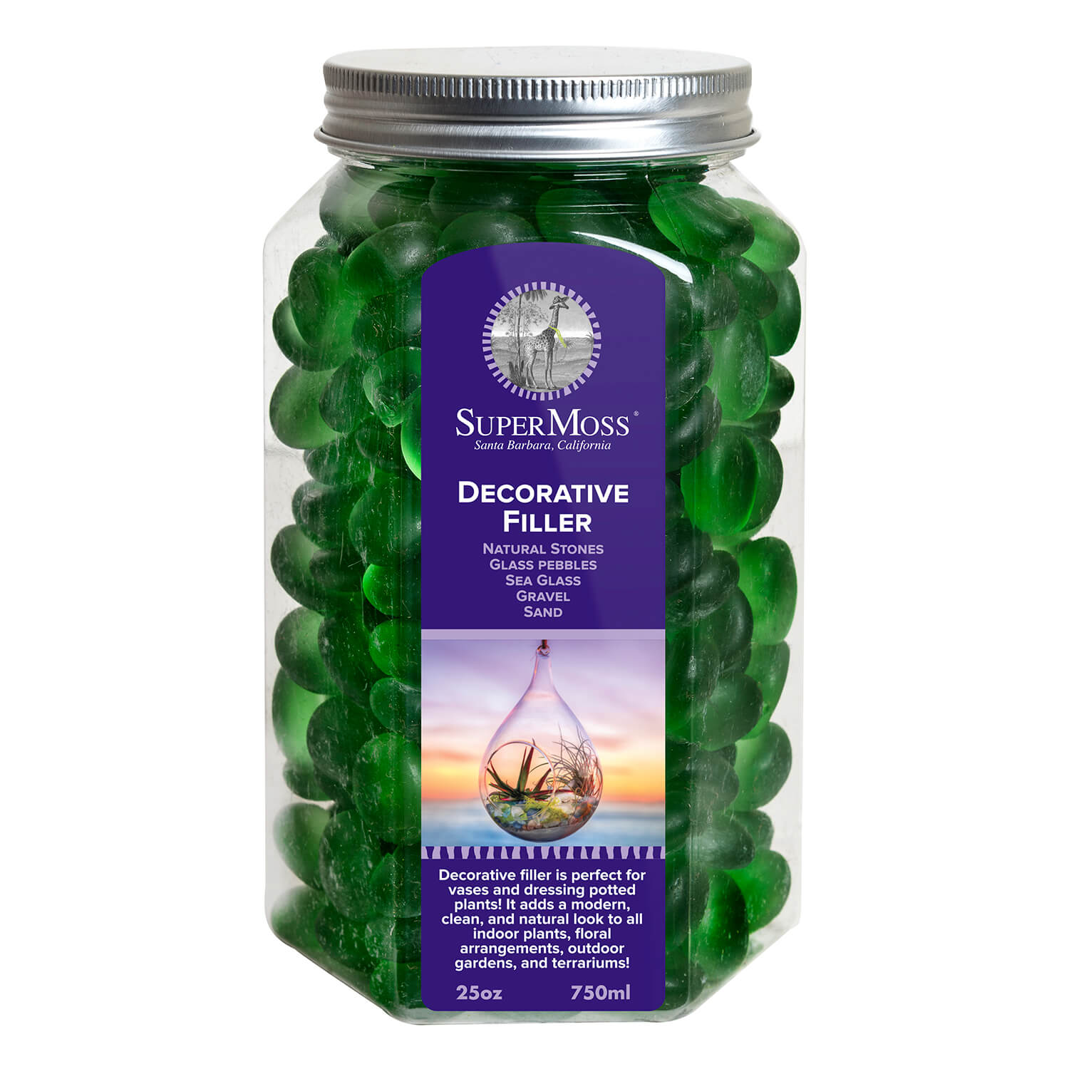 A clear plastic jar filled with bright green decorative filler pebbles, with a purple label reading SuperMoss Decorative Filler, on a white background.