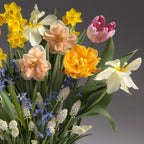 The Angelface Mixed Bulb Garden features vibrant spring flowers—yellow daffodils, peach and yellow tulips, white lilies, pink tulips, plus blue and white blossoms—all displayed against a neutral gray background.
