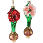 Bulb & Blossom's Blooming Amaryllis Bulb Ornaments capture the beauty of amaryllis in hand painted glass. 6" long, with red or pink flowers.
