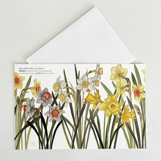 Bulb & Blossom Daffodil Notecard features watercolor daffodil artwork printed on linen-textured cardstock, blank inside with white envelope included.