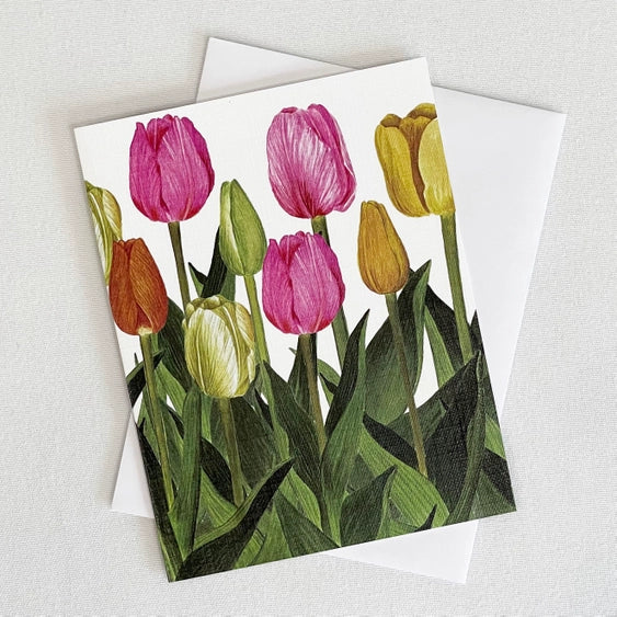 Bulb & Blossom's Tulip Notecard featuring watercolor artwork of multicolored tulips printed on linen-textured cardstock, blank inside with white envelope included.
