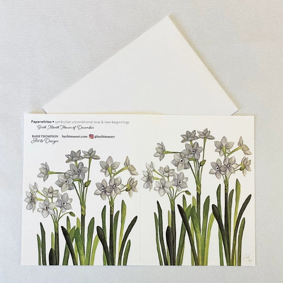 Bulb & Blossom Paperwhite Notecard featuring watercolor artwork of white narcissus blooms on slender green stems.