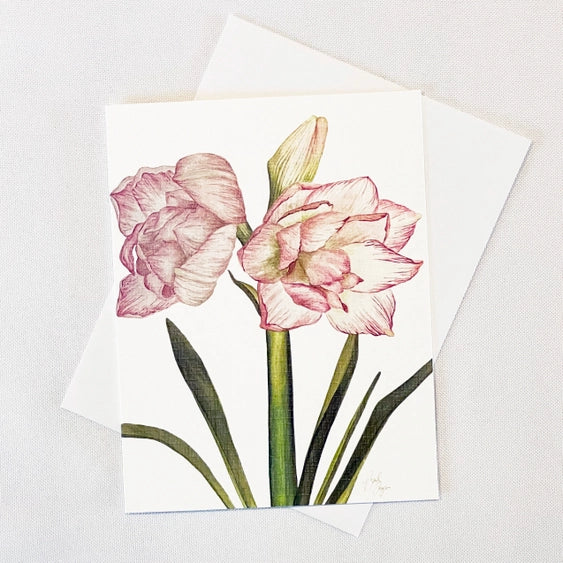 Pink Amaryllis Notecard with watercolor botanical artwork.