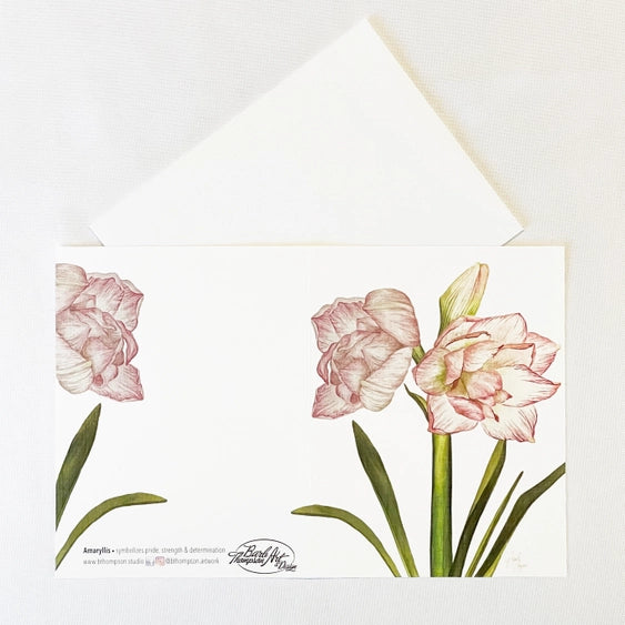 Pink amaryllis notecard with watercolor wraparound design.