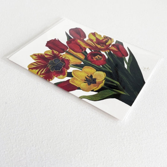 Red and yellow tulip notecard with watercolor wraparound design.
