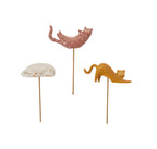 Three animal-shaped ceramic garden sticks on sticks against a white background
