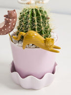 A small potted cactus in a pastel pink flower pot with a matching saucer, styled with decorative cat figurines on a white background.