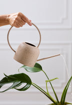 A hand holds a speckled beige metal watering can with a long spout and loop handle, watering a green plant against a white paneled wall.