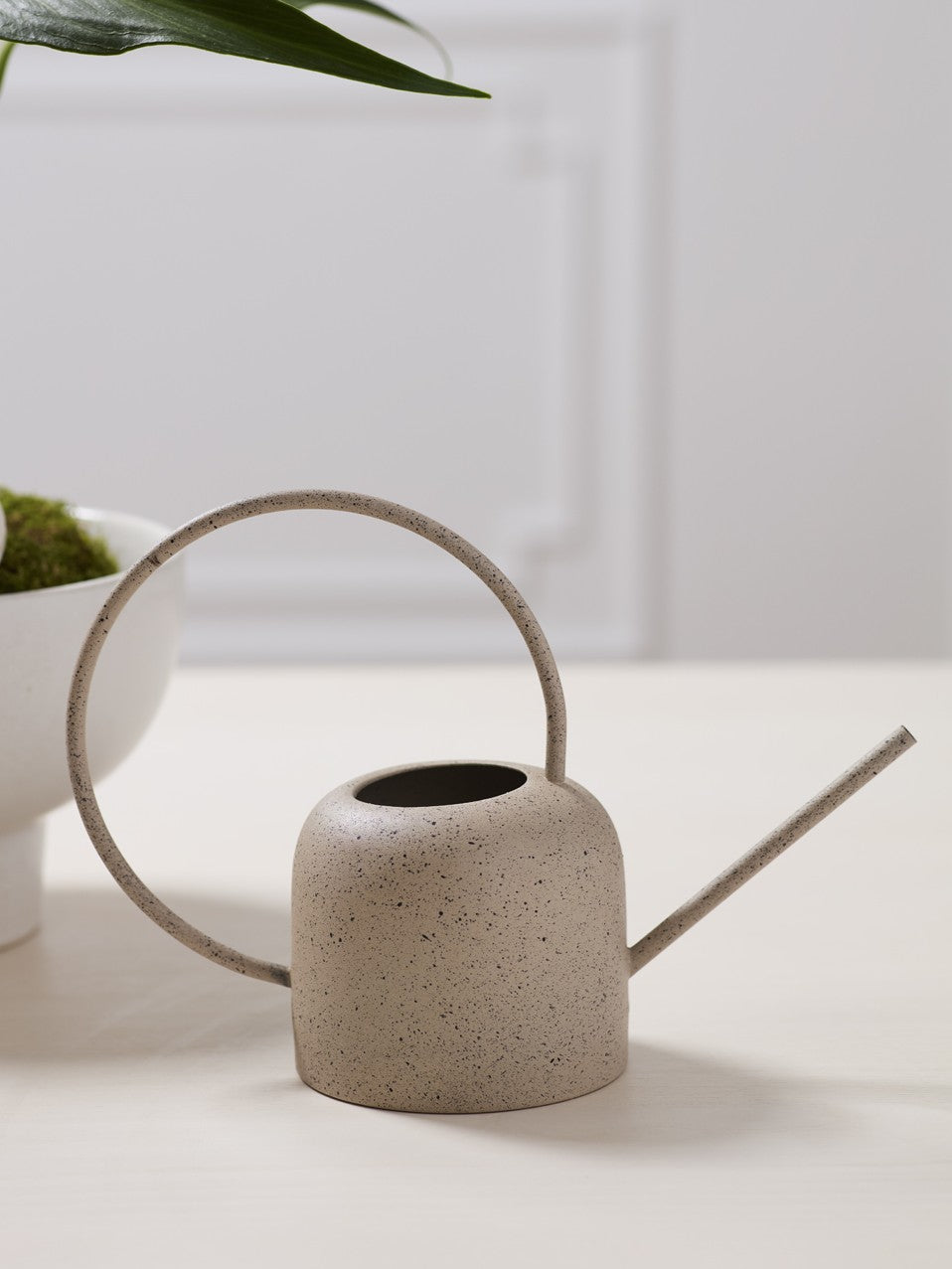 A small speckled enamel watering can with a long loop handle and a thin spout, placed on a light tabletop with a blurred indoor background and a plant leaf at the top.