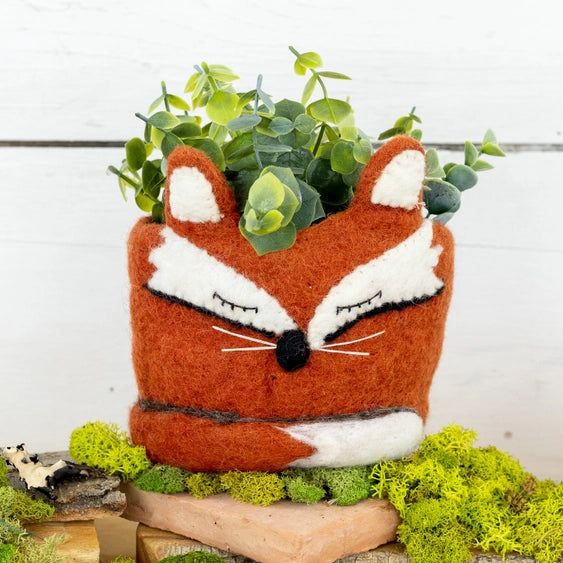 A woolen hand felted pot cover in the form of a sleeping red fox with its tail wrapped around itself.