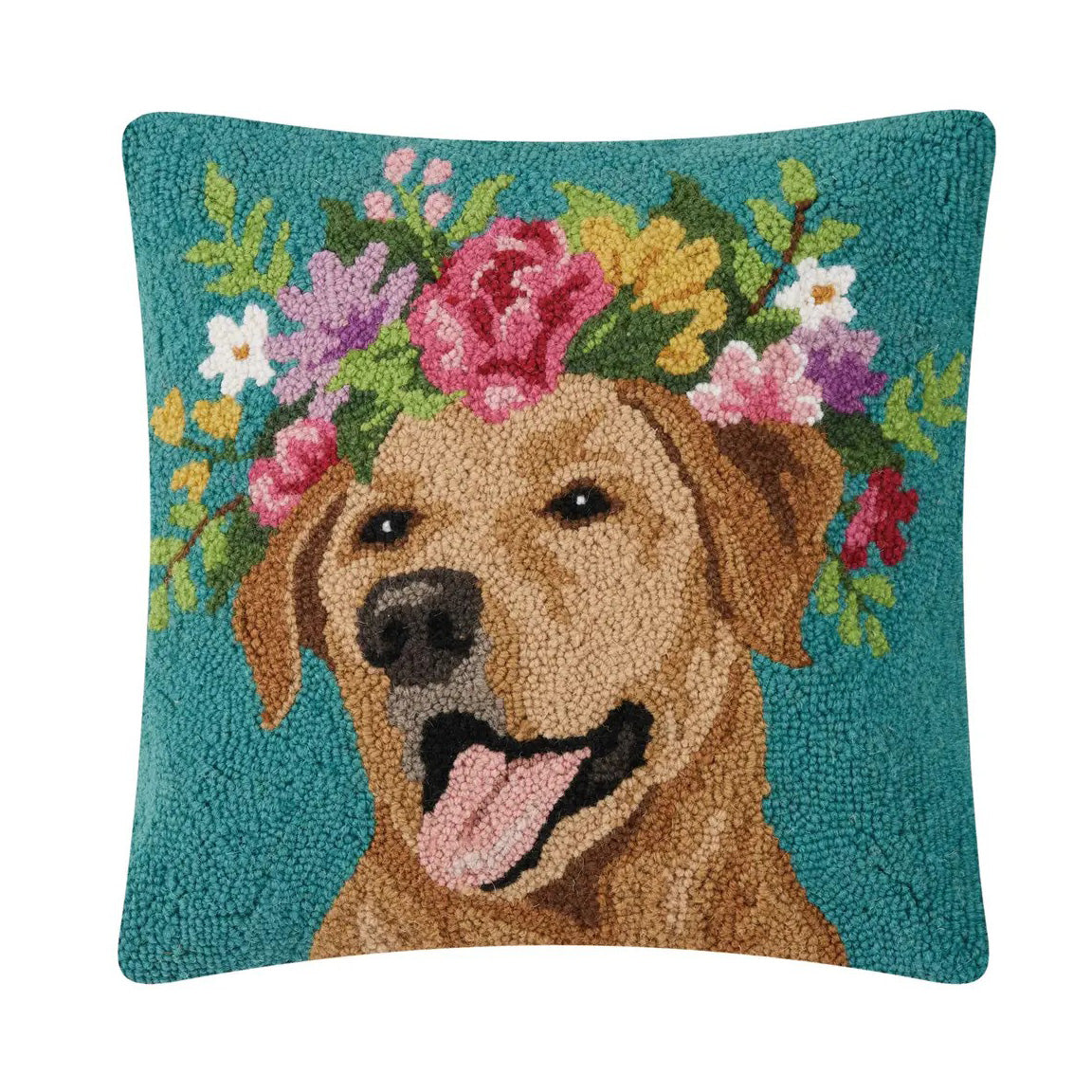 A square decorative throw pillow featuring a detailed, textured hook-and-loop style illustration of a yellow labrador dog wearing a colorful floral crown, set against a solid teal background.