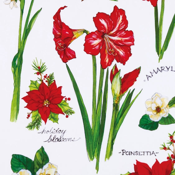 A kitchen towel featuring illustrations of classic holiday flowers.
