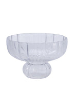 A clear glass pedestal bowl with a fluted rim and a rounded base, shown on a plain white background.