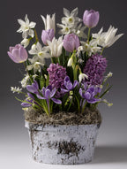 The Lavender Ice Mixed Bulb Garden features a rustic white pot filled with purple tulips, white daffodils, lilac hyacinths, and violet crocuses among green leaves and moss, creating a charming display against a neutral gray background.