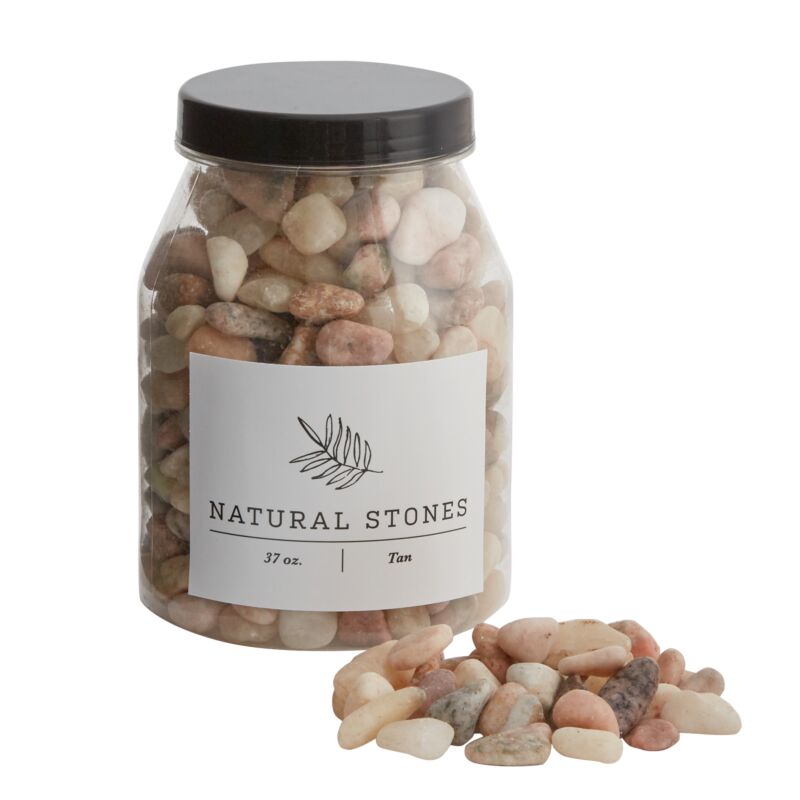 37oz jar of small stones in natural earth tones for use in bulb forcing or terrariums.