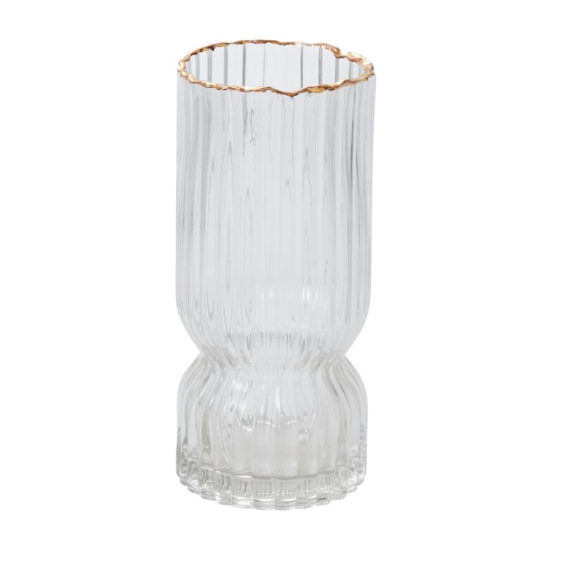 The Odette Bulb Forcing Vase features clear fluted glass with a gold-rimmed edge.