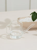 A clear glass watering can with a handle and long spout, shown on a light beige surface with a blurred plant and bowl in the background.