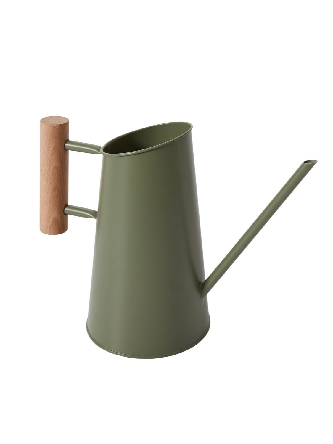 An olive green metal watering can with a long spout and a light brown wooden handle grip, shown against a plain white background.