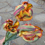 A person holds three vibrant Rasta Parrot Potted Tulips, showcasing multi-colored petals in shades of yellow, red, green, and purple against a stone-paved background.