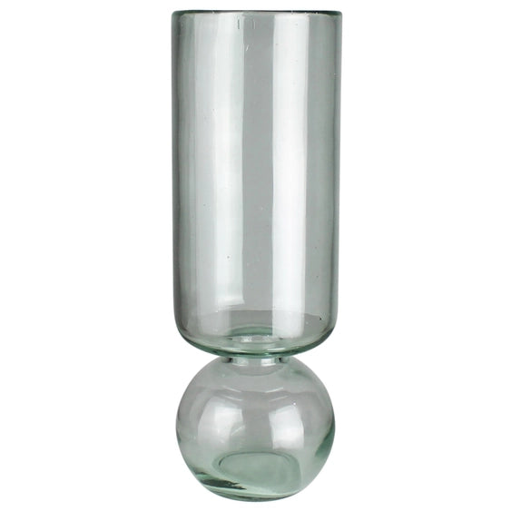 The Recycled Glass Bulb Forcing Vase has a tall cylindrical body and a round, spherical base, shown against a plain white background.