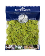 A blue and transparent package labeled "Reindeer Moss" featuring green moss. The package includes small images demonstrating the moss in various home and garden decor applications, alongside innovative uses such as Compressed Coconut Coir for versatile design possibilities.