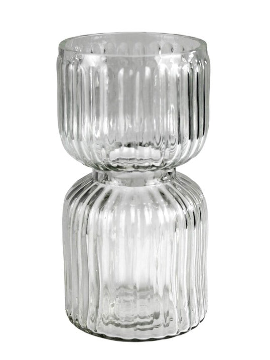 Clear ribbed glass vase with a two-tiered stacked design on a white background.