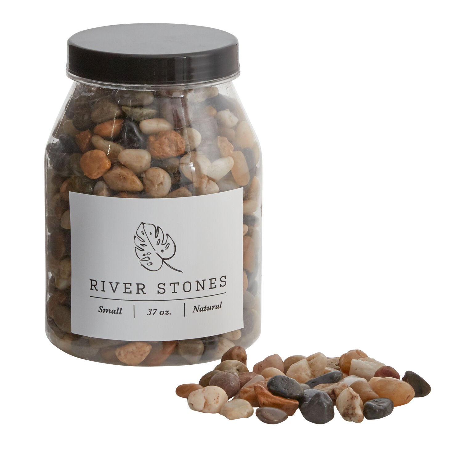 Jar of river stones with a label on a white background