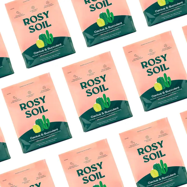 Several pink and green bags labeled "Rosy Soil Cactus & Succulent Mix" with a cactus illustration are arranged diagonally on a white background—ideal for pairing with amaryllis potting soil in your plant collection.