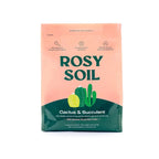 A bag of Rosy Soil Cactus & Succulent Mix with cacti art on pink and green packaging, boasting drought tolerance, natural ingredients, and no peat moss—perfect to pair with amaryllis potting soil for healthy plants.