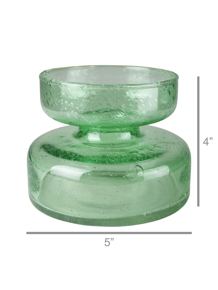 A green translucent glass forcing vase with a two-tiered design, shown with dimension lines indicating a height of 4 inches and a width of 5 inches.