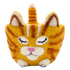Plush wool felted pot shaped like a cat with orange and white stripes on a white background