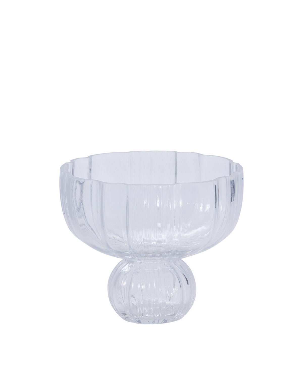 A clear glass pedestal bowl with a fluted rim and a rounded base, shown on a plain white background.
