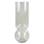 A tall cylindrical clear glass vessel designed to force flower bulbs above a reservoir of water.
