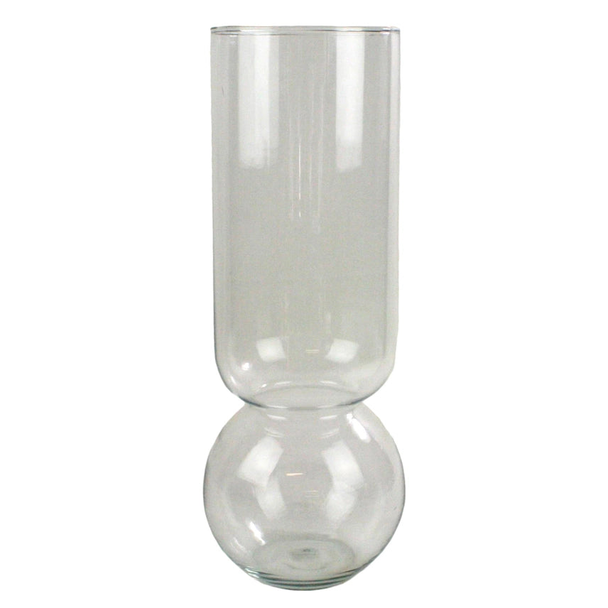 A tall cylindrical clear glass vessel designed to force flower bulbs above a reservoir of water.