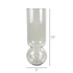 A tall cylindrical clear glass vessel designed to force flower bulbs shown with its width and height dimensions in black text.