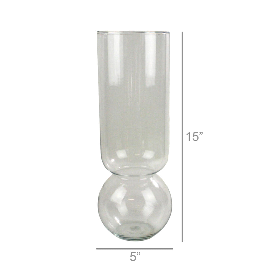 A tall cylindrical clear glass vessel designed to force flower bulbs shown with its width and height dimensions in black text.