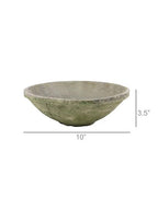 A rustic, handcrafted stone bowl with a textured, weathered finish in muted gray-green tones, isolated on a white background. dimensional measurements have been added to the images.