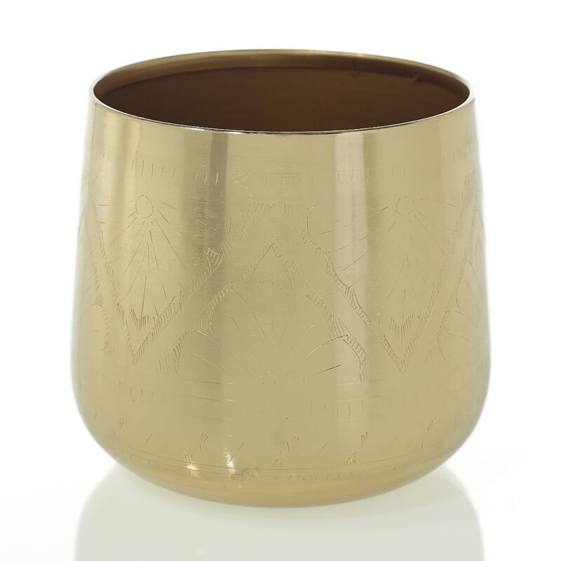 The Tulum Pot is a gold-colored, cylindrical metal cup featuring subtle engraved patterns, ideal as a stylish plant container and shown against a white background.