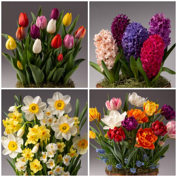 A collage of four flower arrangements showcasing the Four Months of Potted Bulbs. Top left: Tulips in shades of red, purple, pink, and white. Top right: Hyacinths in pink, purple, and red. Bottom left: Daffodils in yellow and white. Bottom right: An assortment of tulips in red, orange, pink, and white—all elegantly set in woven baskets.