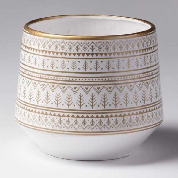 A white ceramic vase with a wide base tapering slightly towards the top. It features intricate gold geometric patterns and border designs, including dots, zigzags, and small tree-like motifs. The vase has a glossy finish and an elegant look.