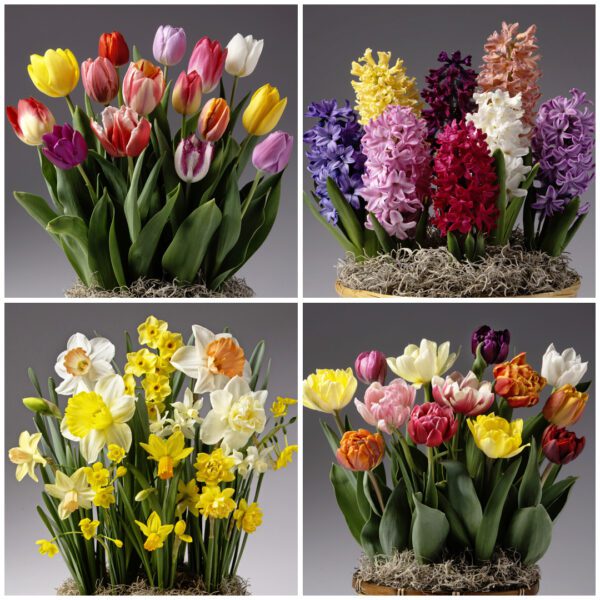 Four Months of Potted Bulbs showcases four spring flower arrangements—tulips, hyacinths, and daffodils—in bright colors, beautifully set on moss with a gray backdrop.